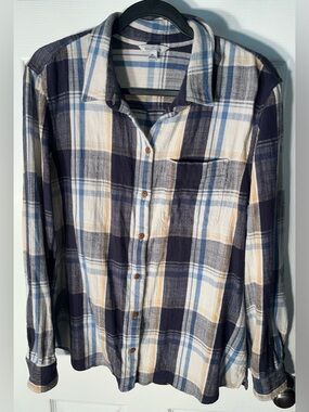 LL Bean Signature Collection Women’s XL Flannel Button Shirt Plaid Yellow Blue